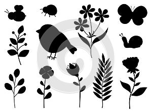 Set spring silhouettes flowers birds insects vector illustration